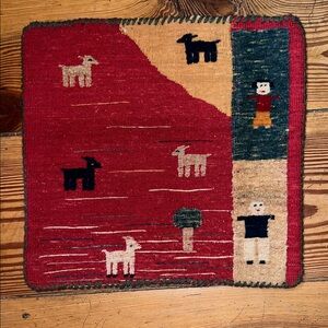 Antique Persian Iran  Woven Tapestry Wool Rug Cushion with Animal Design Gabbeh